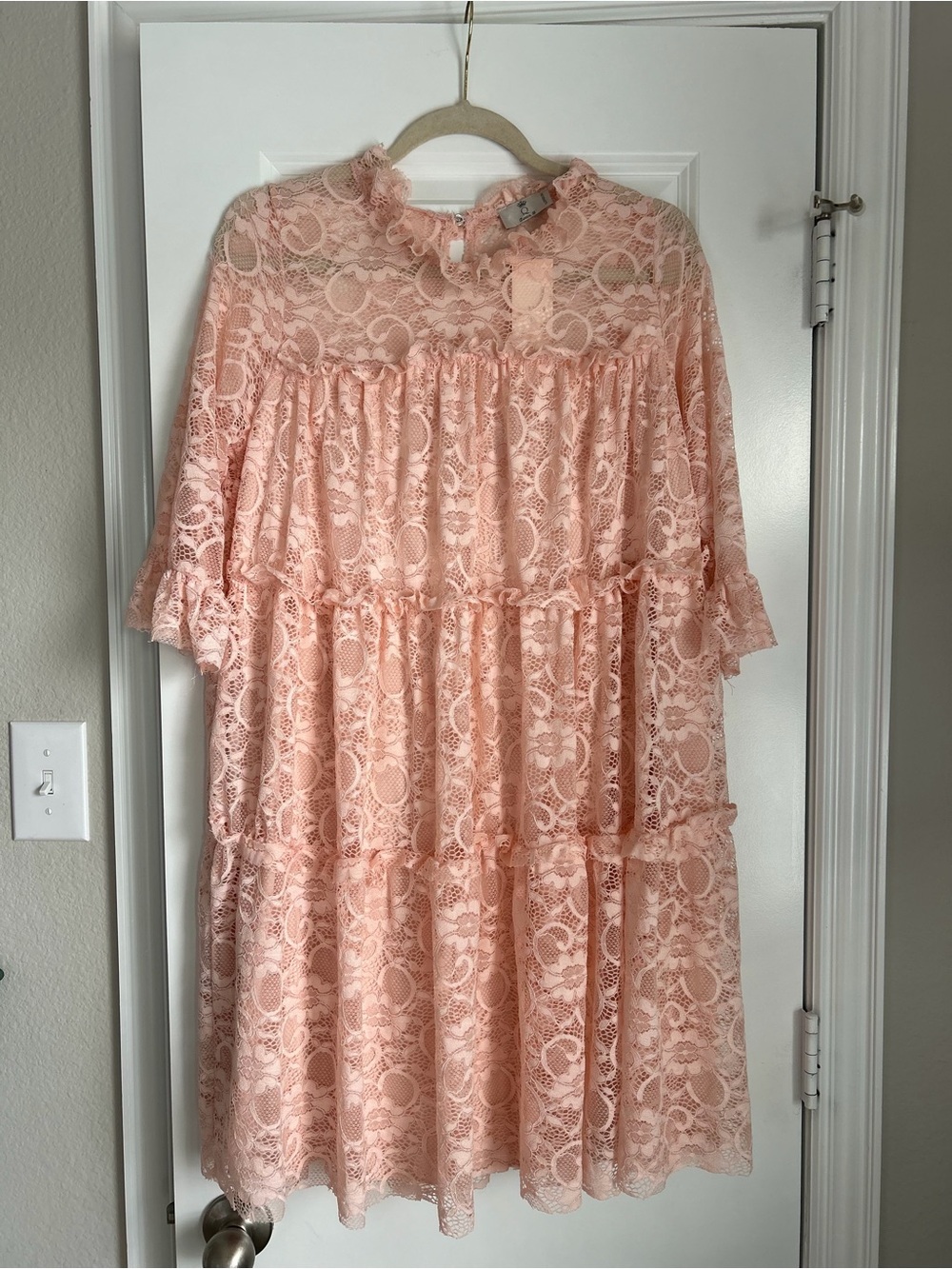 Queen Bee Maternity Peach Lace Tiered Ruffle Dress